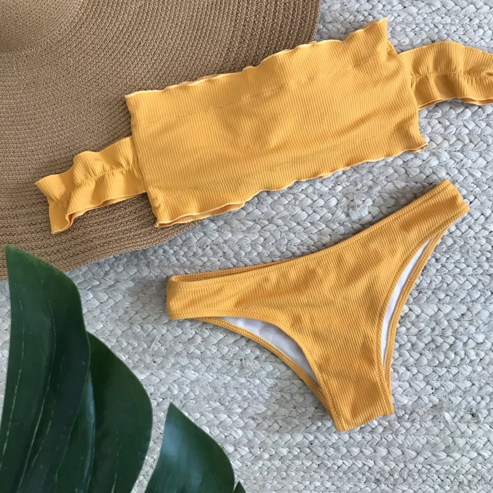 Yellow mustard off the shoulder swim bikini